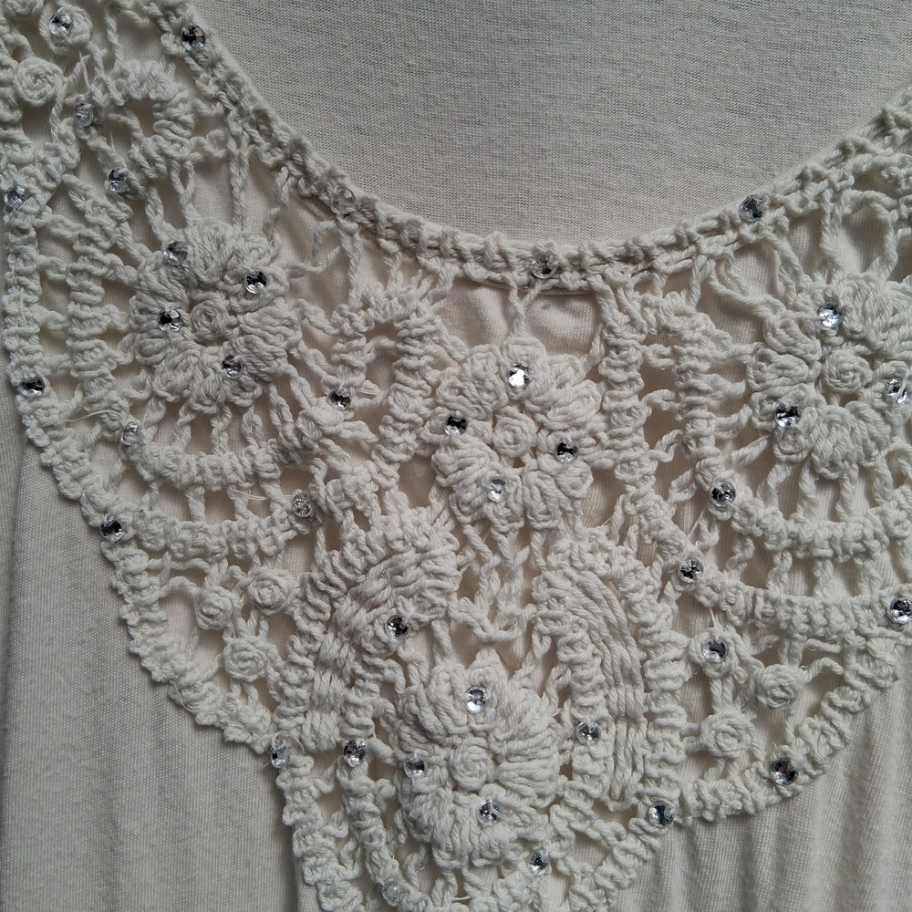 Women’s Cream Crochet-Trim Scoop Neck Top Cotton Blend - Picture 5 of 6